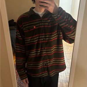 Men's Striped Faux Fur Lined Winter Jacket - Green and Red/Yellow